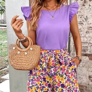 Purple Ruffle Sleeve Top with Floral Print Shorts